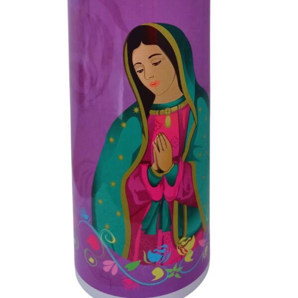 Detalle de Botilito en aluminio rosado de la Virgen De Guadalupe